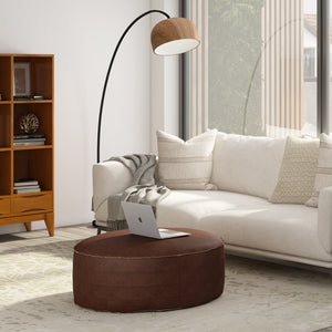English Elm Brody - Stylish 32" Round Pouf Coffee Table In Distressed Dark Brown - Versatile Seating & Ottoman B136P159352