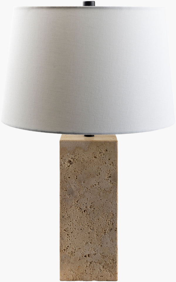 Surya Agate Accent Table Lamp – 22"H Modern Art Deco Design With Durable Travertine & Elegant Finial Body, Beige,Shade, White,Finial, Black,Harp, Metallic ,Gold,Cord, Black Travertine,Linen,Polystyrene,Iron Aga-002