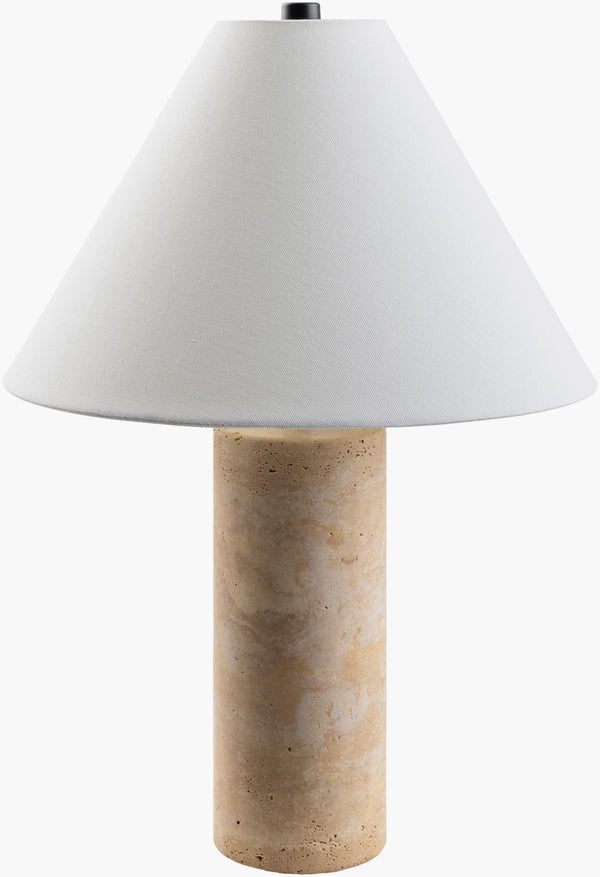 Surya Agate Accent Table Lamp – 22"H Modern Art Deco Design With Durable Travertine & Elegant Finial Body, Beige,Shade, White,Finial, Black,Harp, Metallic ,Gold,Cord, Black Travertine,Linen,Polystyrene,Iron Aga-005