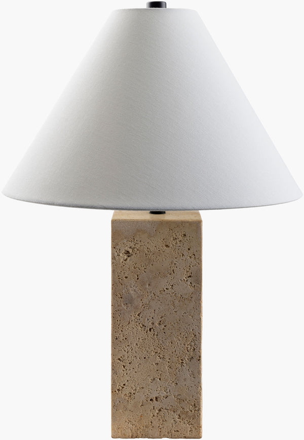 Surya Agate Accent Table Lamp – 22"H Modern Art Deco Design With Durable Travertine & Elegant Finial Body, Beige,Shade, White,Finial, Black,Harp, Metallic ,Gold,Cord, Black Travertine,Linen,Polystyrene,Iron Aga-006