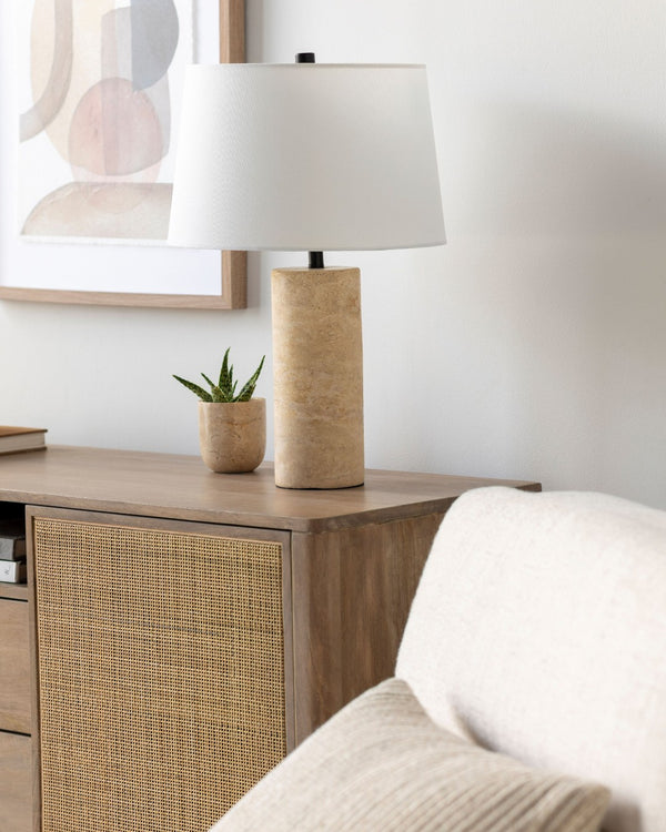 Surya Agate Travertine Art Deco Table Lamp with Linen Shade for Bedside or Entryway AGA-001
