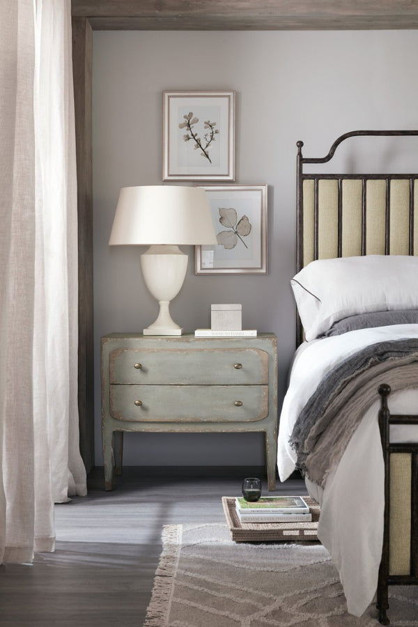 Hooker Furniture Ciao Two-Drawer Nightstand In Time Worn Gray — European Farmhouse With Cedar Lined Drawer & Usb Power 5805-90016-95