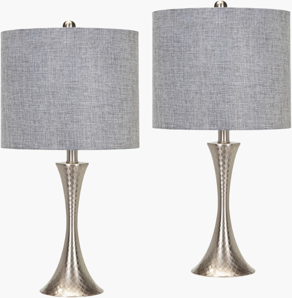 Surya Aegina 24" Traditional Accent Table Lamp – Elegant Linen & Metal Design For Home Or Office Decor Body, Metallic ,Nickel,Shade (Outside), Gray,Shade (Inside), White,Finial, Metallic ,Nickel,Harp, Metallic ,Nickel,Cord, Translucent Iron,Linen,Polyester,Iron Agn-001