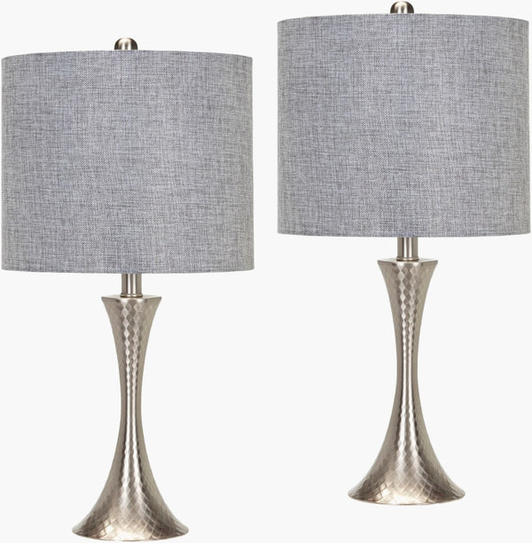 Surya Aegina 24" Traditional Accent Table Lamp – Elegant Linen & Metal Design For Home Or Office Decor Body, Metallic ,Nickel,Shade (Outside), Gray,Shade (Inside), White,Finial, Metallic ,Nickel,Harp, Metallic ,Nickel,Cord, Translucent Iron,Linen,Polyester,Iron Agn-001