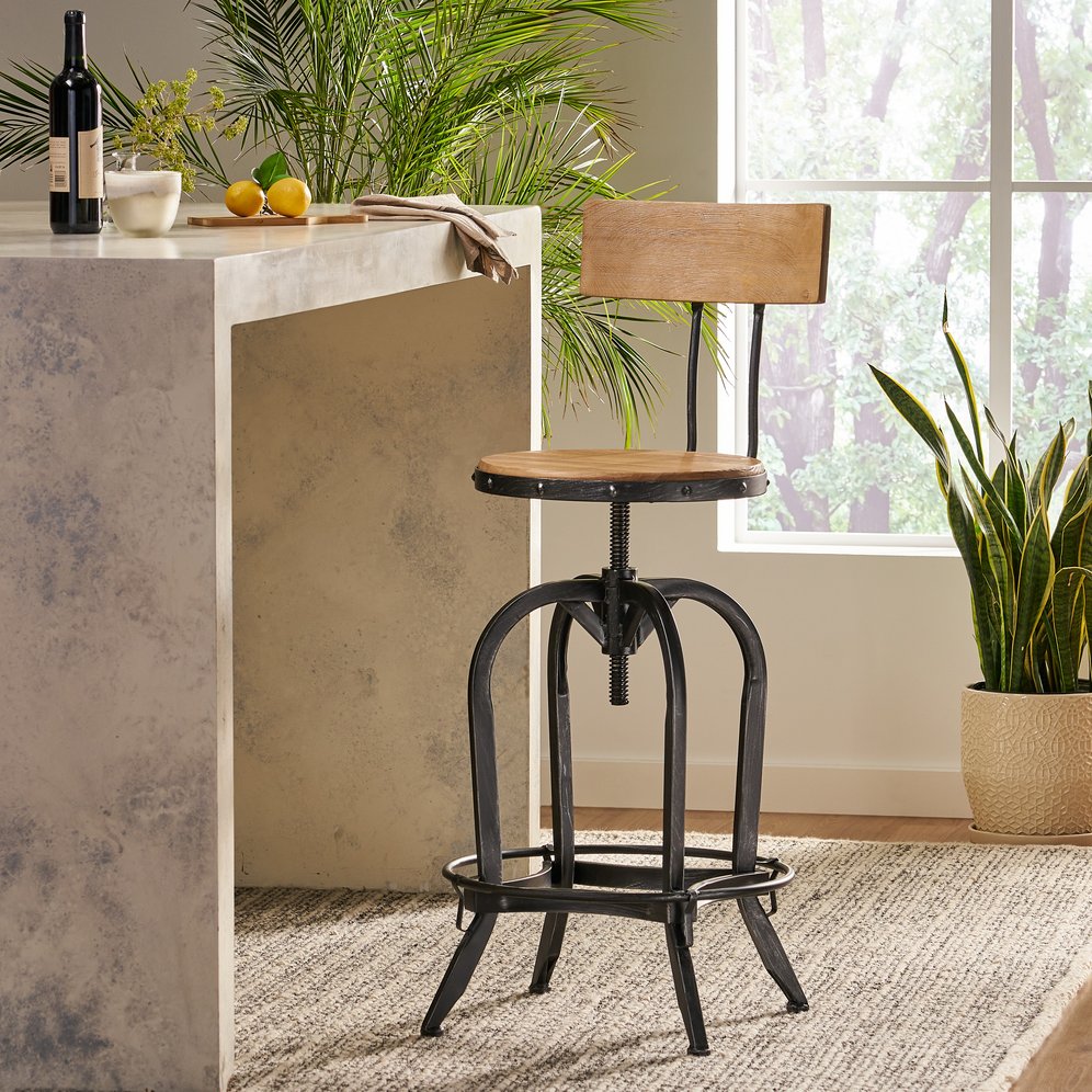 English Elm Adjustable Swivel Barstool Distressed Firwood Seat Industrial Kitchen Counter Height 57835.00FIR