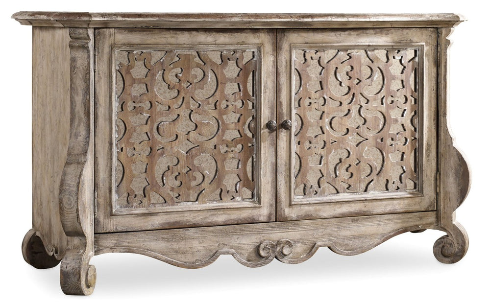 Hooker Furniture Chatelet Caramel Froth Buffet With Mirrored Fretwork Doors, Pecky Pecan Veneer & Antique Hardware 5351-75900