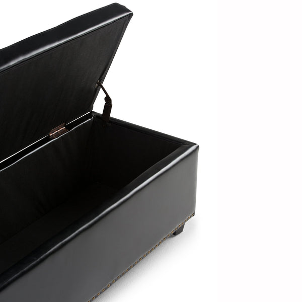 English Elm Hamilton Storage Ottoman: Stylish Midnight Black Vegan Leather With Hidden Storage & Seating Solution B136P158171