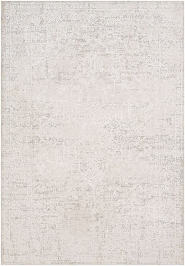 Livabliss Aisha Traditional Medallion Area Rug with Viscose Sheen for Formal Living Spaces Gray, White 6'7" x 9'6" AIS2309-6796