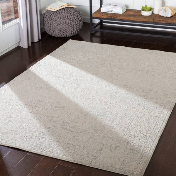 Livabliss Aisha Traditional Medallion Area Rug with Viscose Sheen for Formal Living Spaces Gray, White 6'7" x 9'6" AIS2309-6796