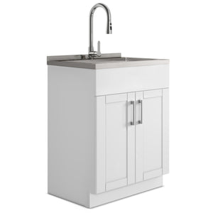 English Elm Modern Wide Shaker 28" Laundry Cabinet With Deep Stainless Steel Sink & Pull-Out Faucet - White Finish B136P158811
