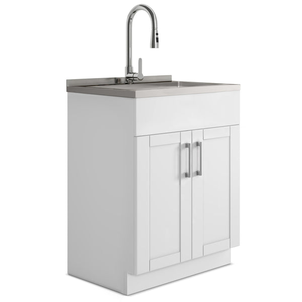 English Elm Modern Wide Shaker 28" Laundry Cabinet With Deep Stainless Steel Sink & Pull-Out Faucet - White Finish B136P158811