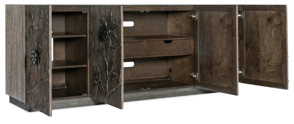 Hooker Furniture Melange Florence Four-Door Credenza With Hand-Cut Floral Motifs, Silver Hardware, Media-Ready Storage 628-85103-85