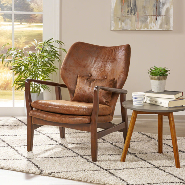 English Elm Christopher Knight Home® - Mid Mid Century Modern Fabric Club Chair with Button-Tufted Back and Accent Pillow, Tapered Birch Legs, Stylish Comfort (31.25˝W x 26.25˝D x 32.75˝H) Brown 59135.00MFBRN