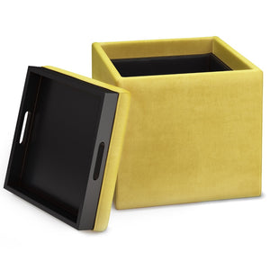 English Elm Rockwood - Stylish Dijon Yellow Velvet Cube Storage Ottoman With Tray For Modern Living Spaces B136P159101-GIGA