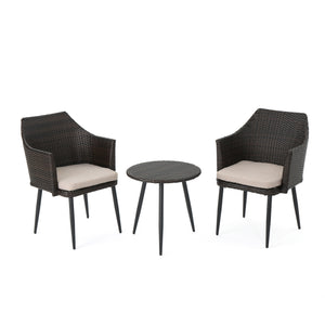 English Elm Christopher Knight Home® - KENNETH Brown Multi 3-Pc Chat Set – PE Rattan Bistro Outdoor Patio Seating with Waterproof Cushions and Iron Frame (Compact) 61209.00MBN