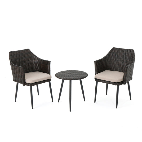 English Elm Christopher Knight Home® - KENNETH Brown Multi 3-Pc Chat Set – PE Rattan Bistro Outdoor Patio Seating with Waterproof Cushions and Iron Frame (Compact) 61209.00MBN