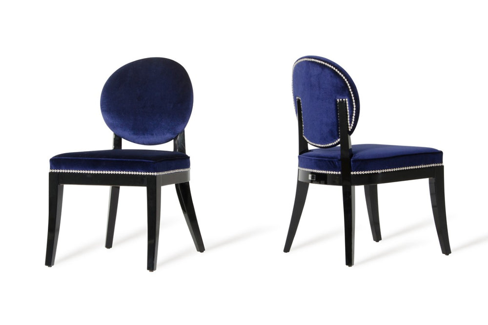 VIG Furniture Isabella Blue Velour Dining Chairs Set Of 2 — Art Deco Oval Back, High-Gloss Black Frame, Nail-Head Trim VGUNAK011-2