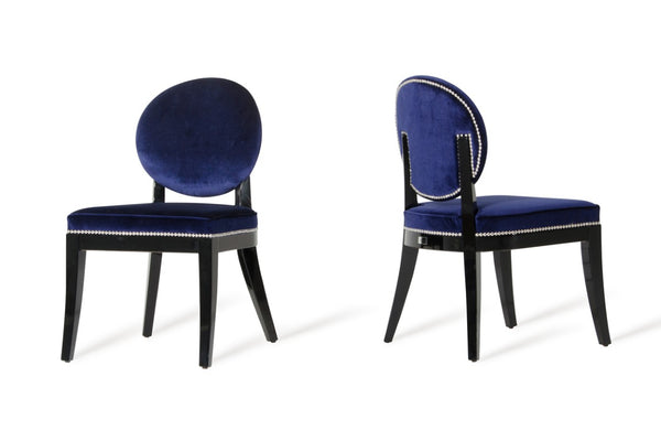 VIG Furniture Isabella Blue Velour Dining Chairs Set Of 2 — Art Deco Oval Back, High-Gloss Black Frame, Nail-Head Trim VGUNAK011-2