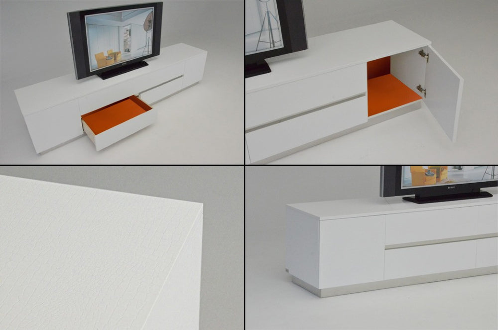 VIG Furniture Skyline White Crocodile Tv Stand With Semi-Gloss Lacquer, Stainless Accents & Ample Hidden Storage VGUNAK588-230