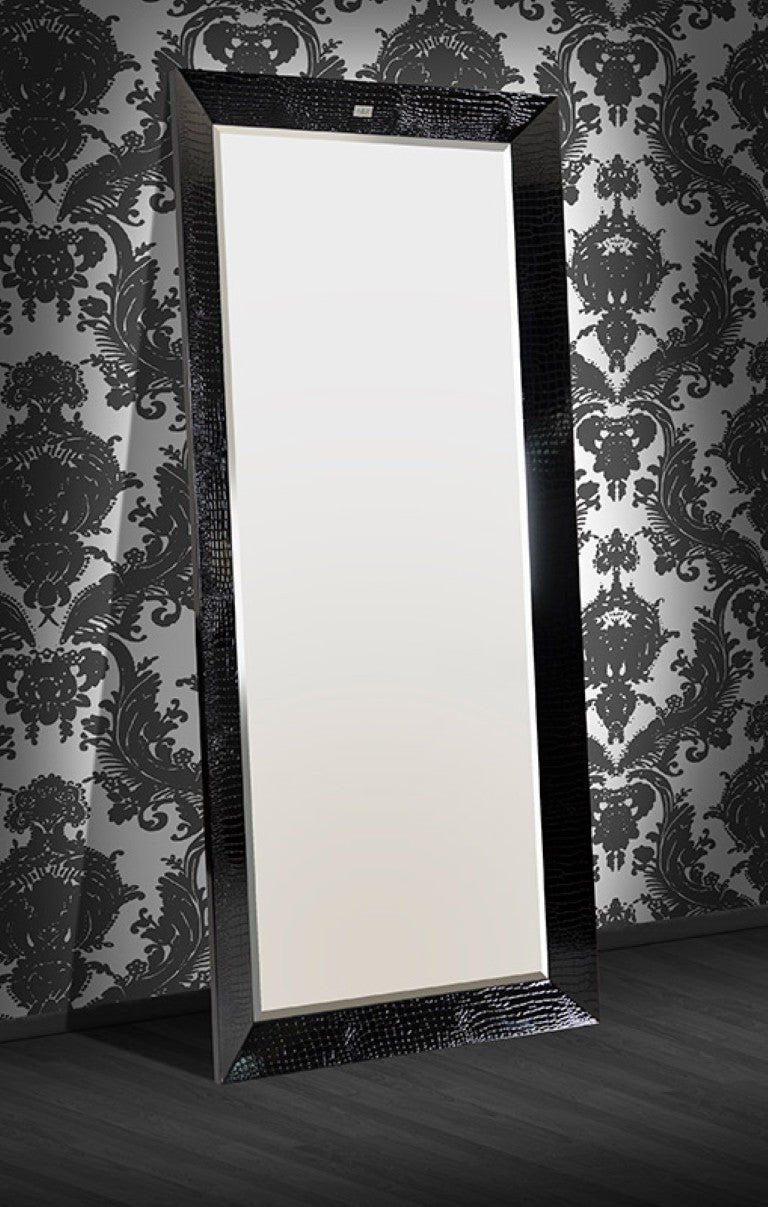 VIG Furniture Regal Glossy Black Crocodile-Effect Floor Mirror 38" X 82.7" — Dramatic Full-Length Statement Piece VGUNAK421