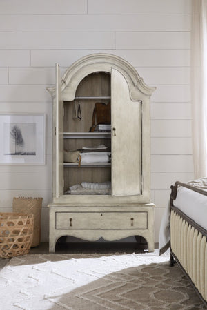 Hooker Furniture Ciao Distressed Cream Wardrobe With Adjustable Shelves, Hanging Rod & Drawer — Cottage Chic Storage 5805-90013-94
