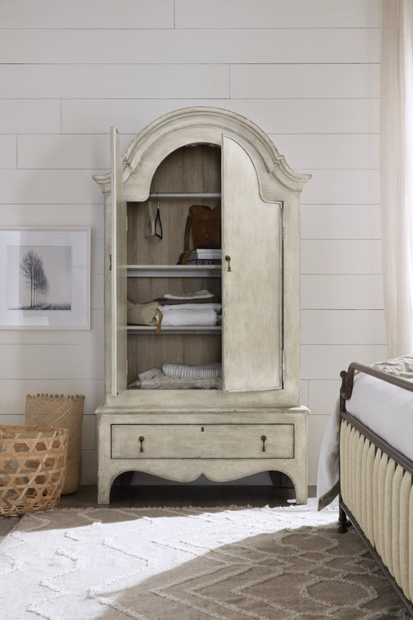Hooker Furniture Ciao Distressed Cream Wardrobe With Adjustable Shelves, Hanging Rod & Drawer — Cottage Chic Storage 5805-90013-94