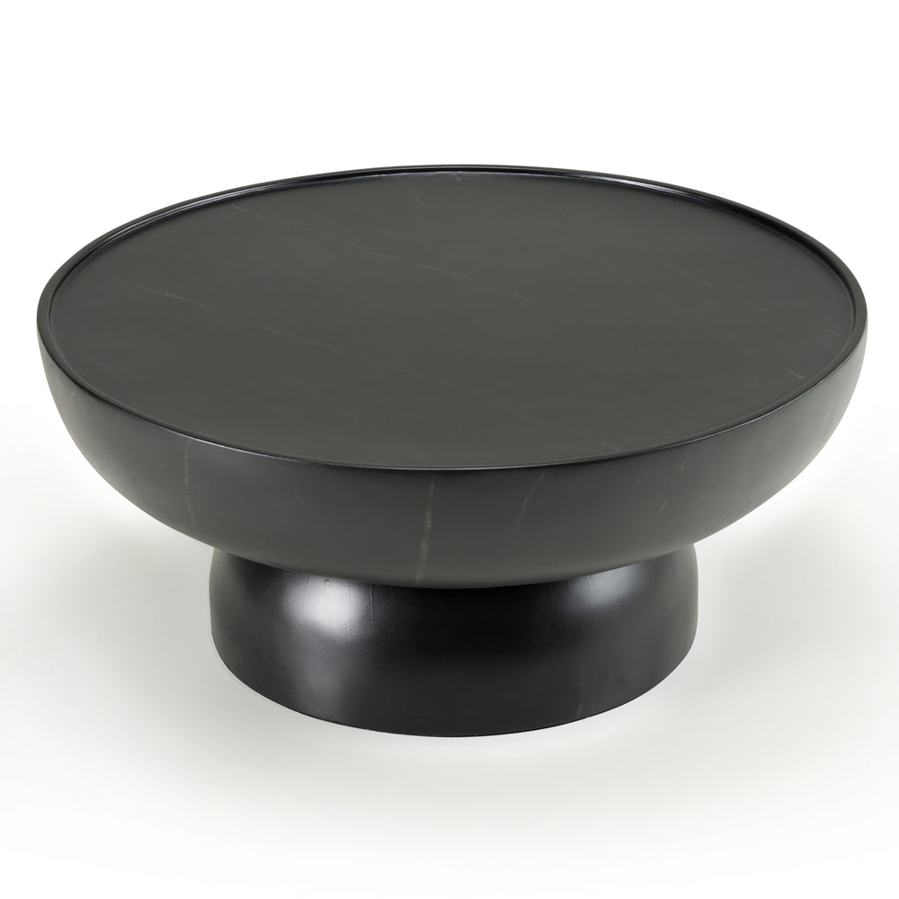Vig Furniture Modrest Akron - Chic Round Coffee Table With Faux Marble Finish & Bold Pedestal Base For Luxury Living Black  Vgvc-ct25099