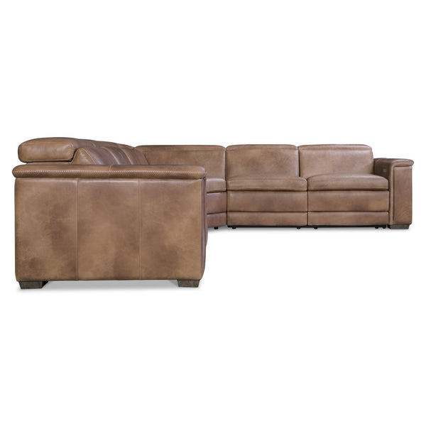 Bernhardt Bernhardt Lioni Leather Power-Motion Sectional With Usb Charging, Power Headrests, Sleek Contemporary Design Brown 153.5" W x 122.5" D x 32.5" H K2088