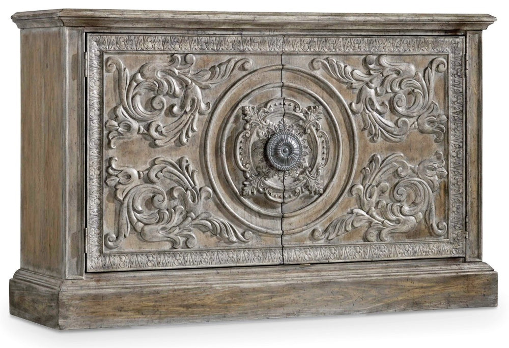 Hooker Furniture Melange Intricately Carved Two-Door Console With Driftwood Whitewash, Aged Silver Pull, Storage 90" 5701-85002