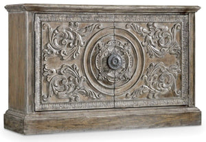 Hooker Furniture Melange Intricately Carved Two-Door Console With Driftwood Whitewash, Aged Silver Pull, Storage 90" 5701-85002