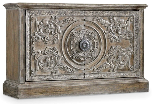 Hooker Furniture Melange Intricately Carved Two-Door Console With Driftwood Whitewash, Aged Silver Pull, Storage 90" 5701-85002