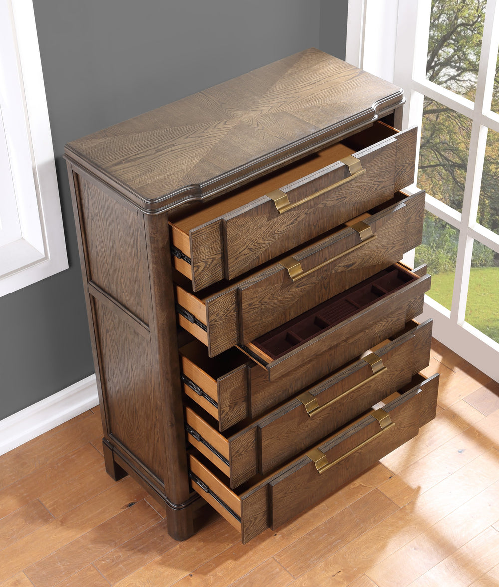 English Elm Steve Silver - Milan Modern Dark Brown Wood Chest with Sunburst Veneer, Antique Bronze Hardware, Whisper-Smooth Drawers B081P157415