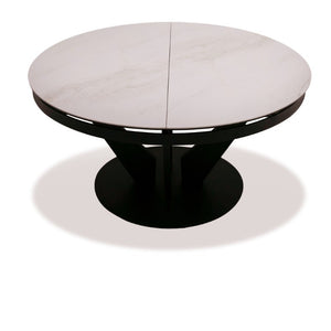 VIG Furniture Alberta White Marble-Look Ceramic Extendable Oval Dining Table With Black Iron Pedestal Base, Sleek Durable Design (86.5" Extends) VGYF-DT8951-BLK-DT