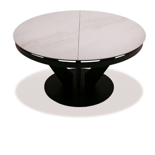 VIG Furniture Alberta White Marble-Look Ceramic Extendable Oval Dining Table With Black Iron Pedestal Base, Sleek Durable Design (86.5" Extends) VGYF-DT8951-BLK-DT