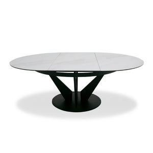 VIG Furniture Alberta White Marble-Look Ceramic Extendable Oval Dining Table With Black Iron Pedestal Base, Sleek Durable Design (86.5" Extends) VGYF-DT8951-BLK-DT