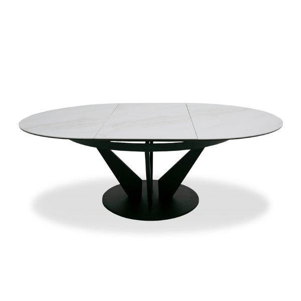 VIG Furniture Alberta White Marble-Look Ceramic Extendable Oval Dining Table With Black Iron Pedestal Base, Sleek Durable Design (86.5" Extends) VGYF-DT8951-BLK-DT