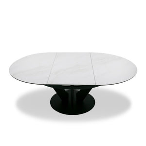 VIG Furniture Alberta White Marble-Look Ceramic Extendable Oval Dining Table With Black Iron Pedestal Base, Sleek Durable Design (86.5" Extends) VGYF-DT8951-BLK-DT