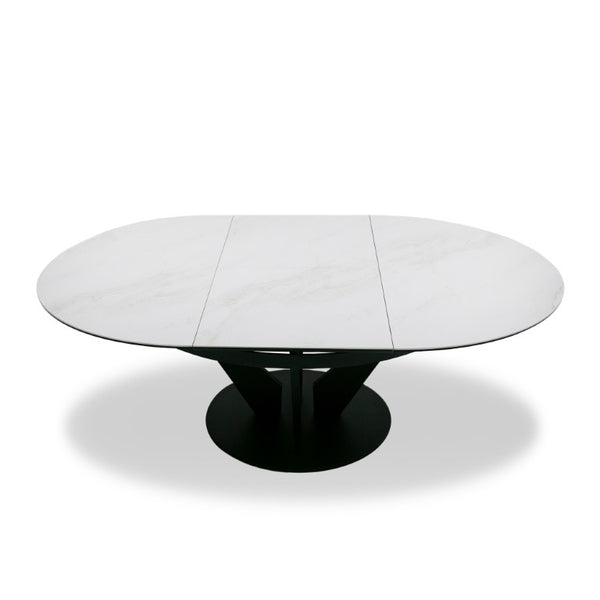 VIG Furniture Alberta White Marble-Look Ceramic Extendable Oval Dining Table With Black Iron Pedestal Base, Sleek Durable Design (86.5" Extends) VGYF-DT8951-BLK-DT