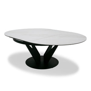 VIG Furniture Alberta White Marble-Look Ceramic Extendable Oval Dining Table With Black Iron Pedestal Base, Sleek Durable Design (86.5" Extends) VGYF-DT8951-BLK-DT