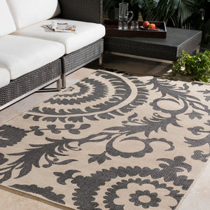 Livabliss Alfresco Cottage Style Olefin Area Rug Uv Resistant Low Pile for Patio or Entryway Black, Beige 7'3" x 7'3" ALF9612-73SQ