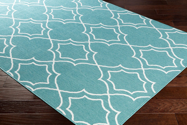 Livabliss Alfresco Flatweave Olefin Runner Rug for Hallways Entryways and Cottage Style Homes Teal, White 7'3" x 7'3" Round ALF9653-73RD
