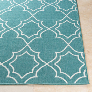 Livabliss Alfresco Flatweave Olefin Runner Rug for Hallways Entryways and Cottage Style Homes Teal, White 7'3" x 7'3" Round ALF9653-73RD