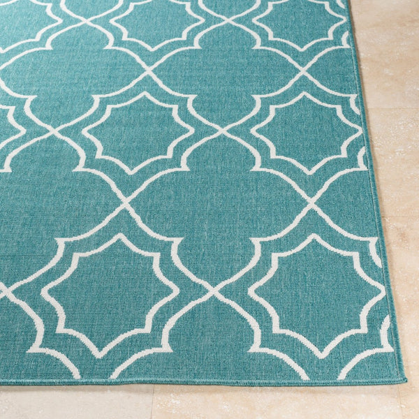 Livabliss Alfresco Flatweave Olefin Runner Rug for Hallways Entryways and Cottage Style Homes Teal, White 7'3" x 7'3" Round ALF9653-73RD