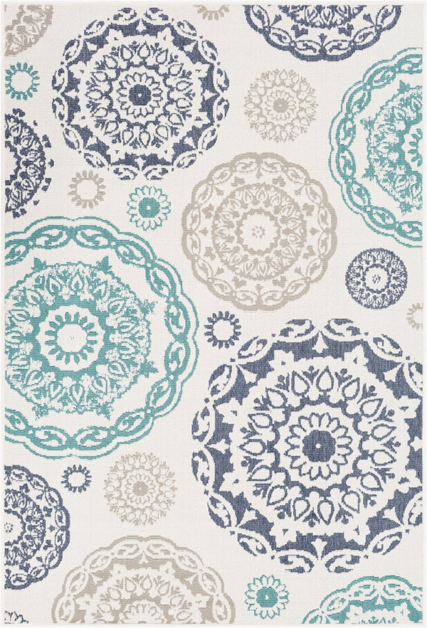 Livabliss Alfresco Flatweave Olefin Runner Rug for Entryways Hallways and Covered Patios Teal, Navy 3'7" x 5'7" ALF9665-3656
