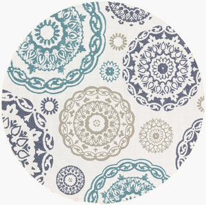 Livabliss Alfresco Flatweave Olefin Runner Rug for Entryways Hallways and Covered Patios Teal, Navy 8'10" x 8'10" Round ALF9665-89RD