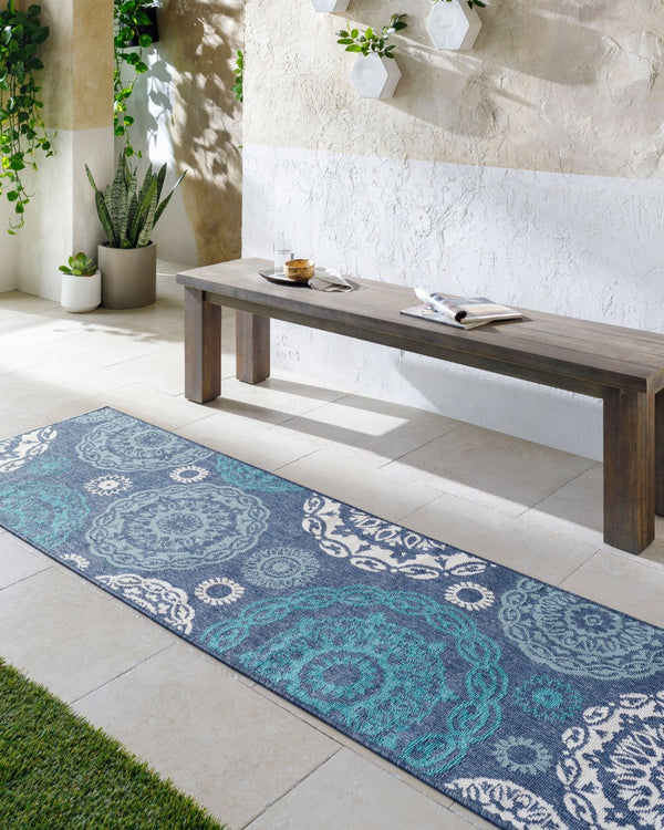 Livabliss Alfresco Olefin Flatweave Runner Rug Cottage Style Indoor Outdoor Hallway Mat Navy, Pale Blue 8'10" x 8'10" ALF9666-89SQ