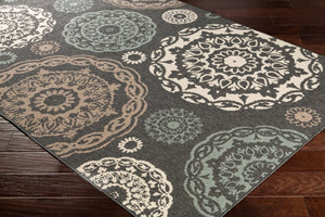 Livabliss Alfresco Flatweave Olefin Area Rug Cottage Style for Patio Sunroom or Casual Living Black, Sage 8'10" x 8'10" Square ALF9668-89SQ