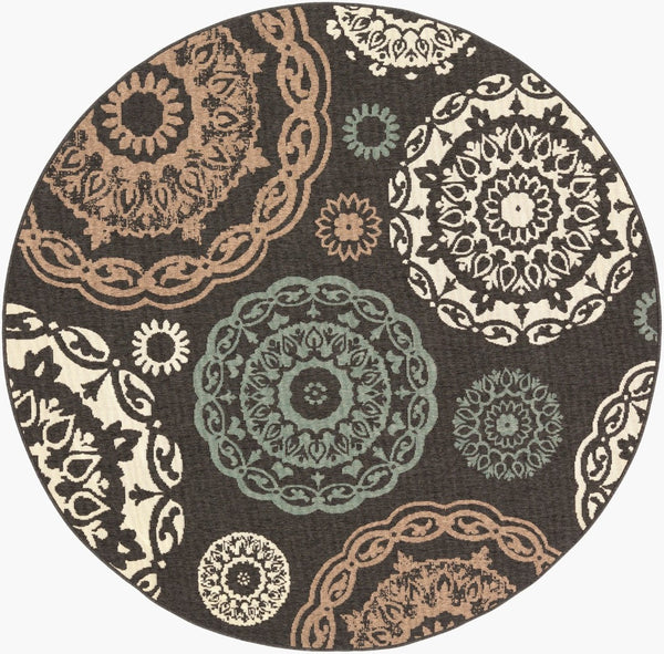 Livabliss Alfresco Flatweave Olefin Area Rug Cottage Style for Patio Sunroom or Casual Living Black, Sage 8'10" x 8'10" Round ALF9668-89RD