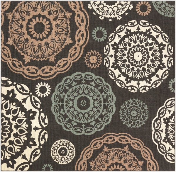 Livabliss Alfresco Flatweave Olefin Area Rug Cottage Style for Patio Sunroom or Casual Living Black, Sage 8'10" x 8'10" Square ALF9668-89SQ