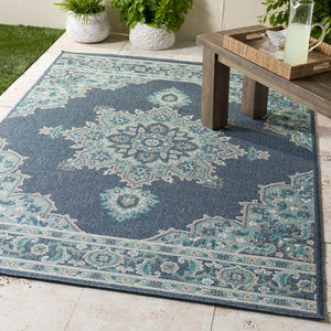 Livabliss Alfresco Outdoor Square Rug Weather Resistant Olefin Patio Deck Traditional Pattern Navy, Pale Blue 8'10" x 12'10" ALF9670-89129